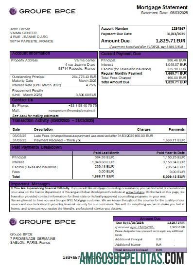 Declaração de hipoteca bancária do France Groupe BPCE exemplo real